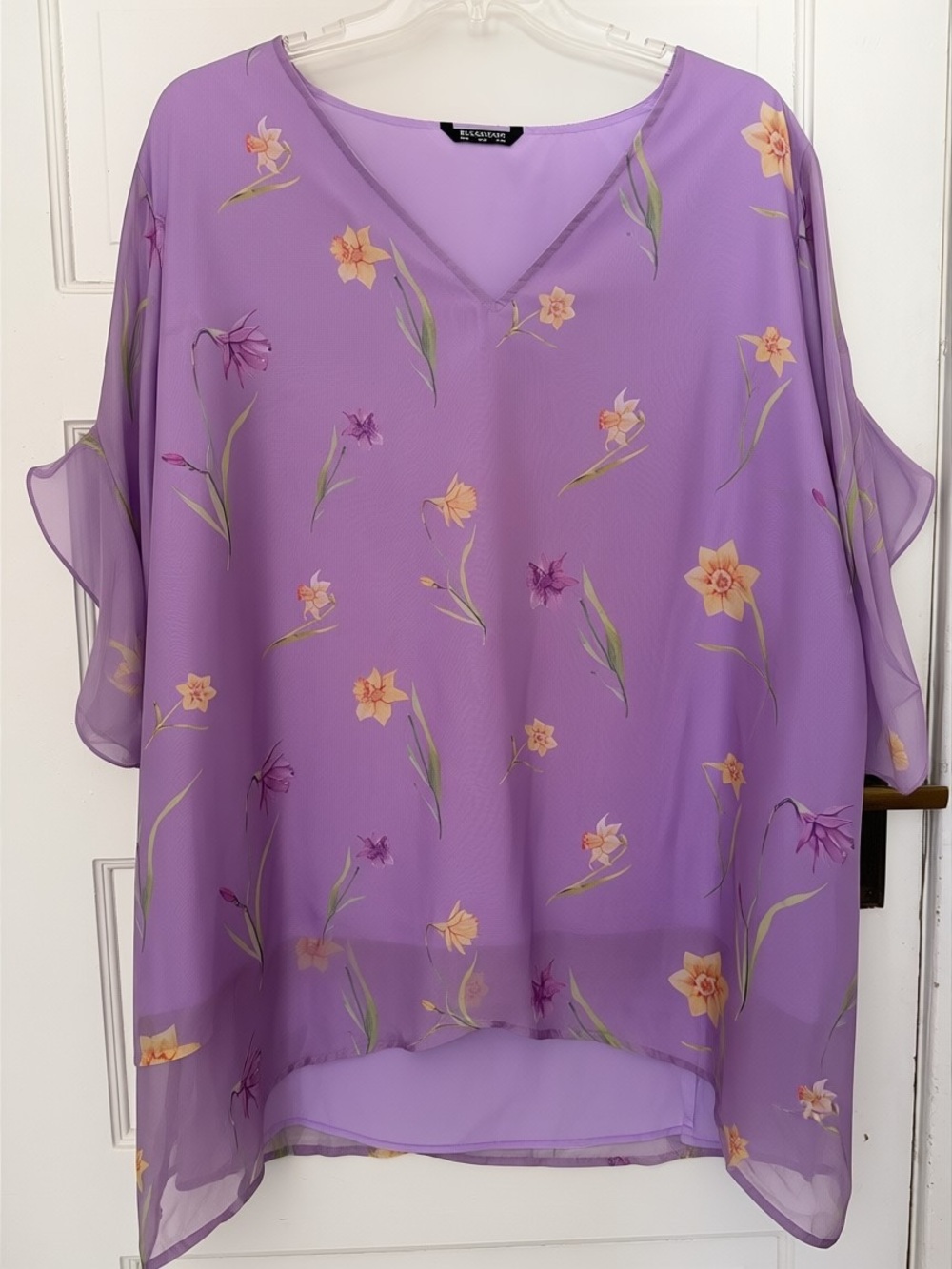 BloomChic Lavender Floral Summer Mesh Blouse with Ruffle 3/4 Sleeves size 28